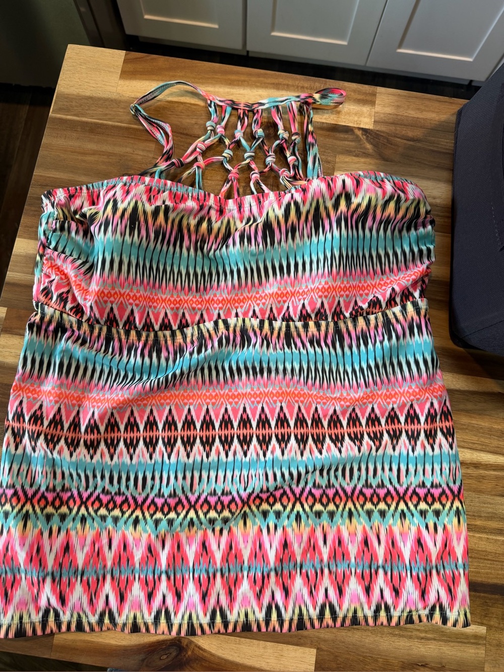 Catalina Turquoise Pink Black Striped Swim Top with Braided Back